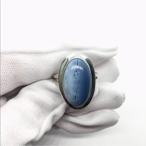 BLUE/ WHITE LACE AGATE STERLING SILVER OVAL RING - Picture 9 of 10